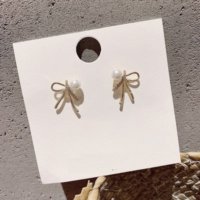 H - Gold Crystal Bow Tie Pearl Earrings Chic 925 Sterling Silver Post Needle Stud