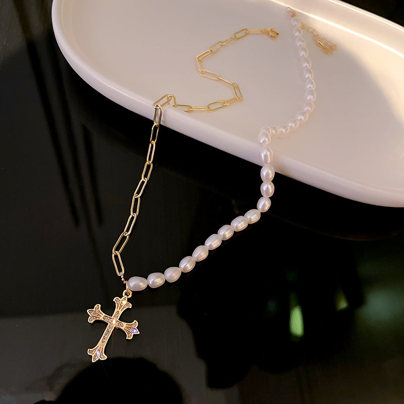 L - fashion trendy cross freshwater pearl womens necklace 2021