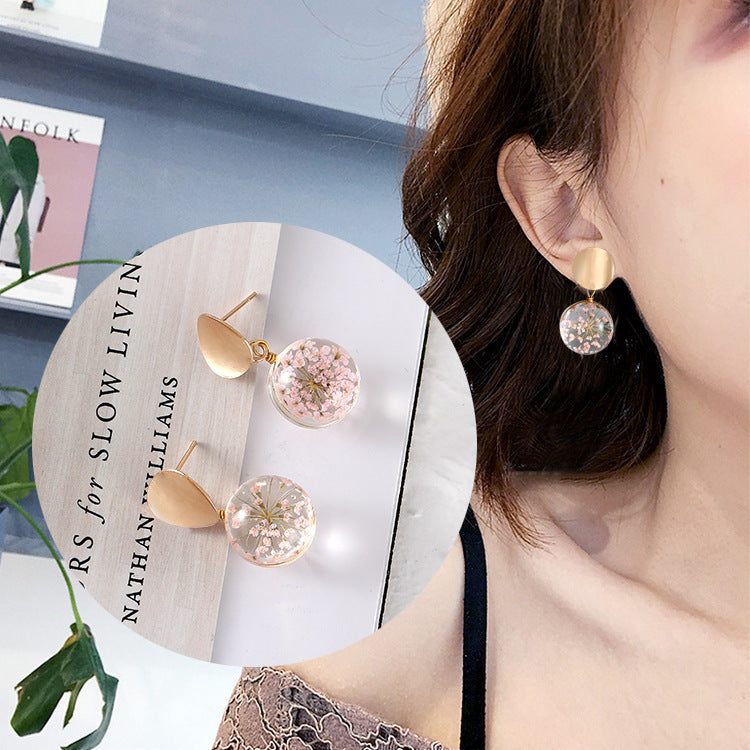F - Pink Fireworks Real Flower Glass Pearl Gold Drop Earrings Fashion Jewellery Gift
