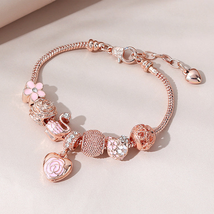 V - Beautiful Pink Color Oil Dripping Diamond Bead Flower Bracelet Adjustable Snake Chain Crystal Flower Love Heart Charm Bracelet