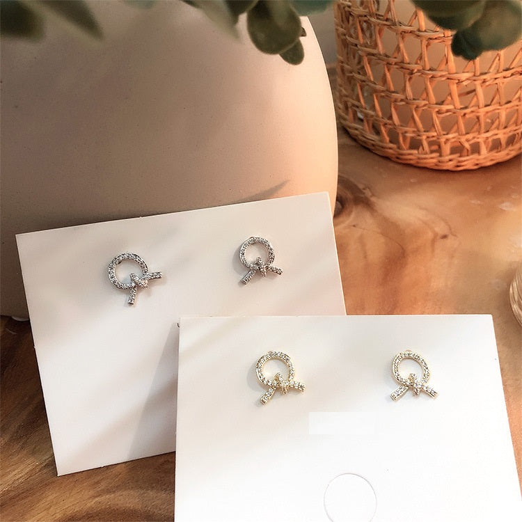 A - Circle Bow Knot 18K Gold plated Diamond Cubic Zirconia Crystal Earrings 925 Sterling Silver Dainty Earring