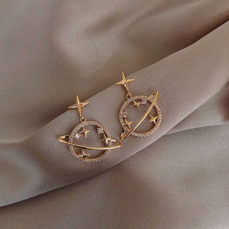K - Universe Cosmos Saturn Stars Crystal Rhinstone Gold Alloy Earrings Circle Star Ring Earring