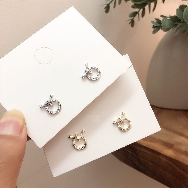 A - Circle Bow Knot 18K Gold plated Diamond Cubic Zirconia Crystal Earrings 925 Sterling Silver Dainty Earring