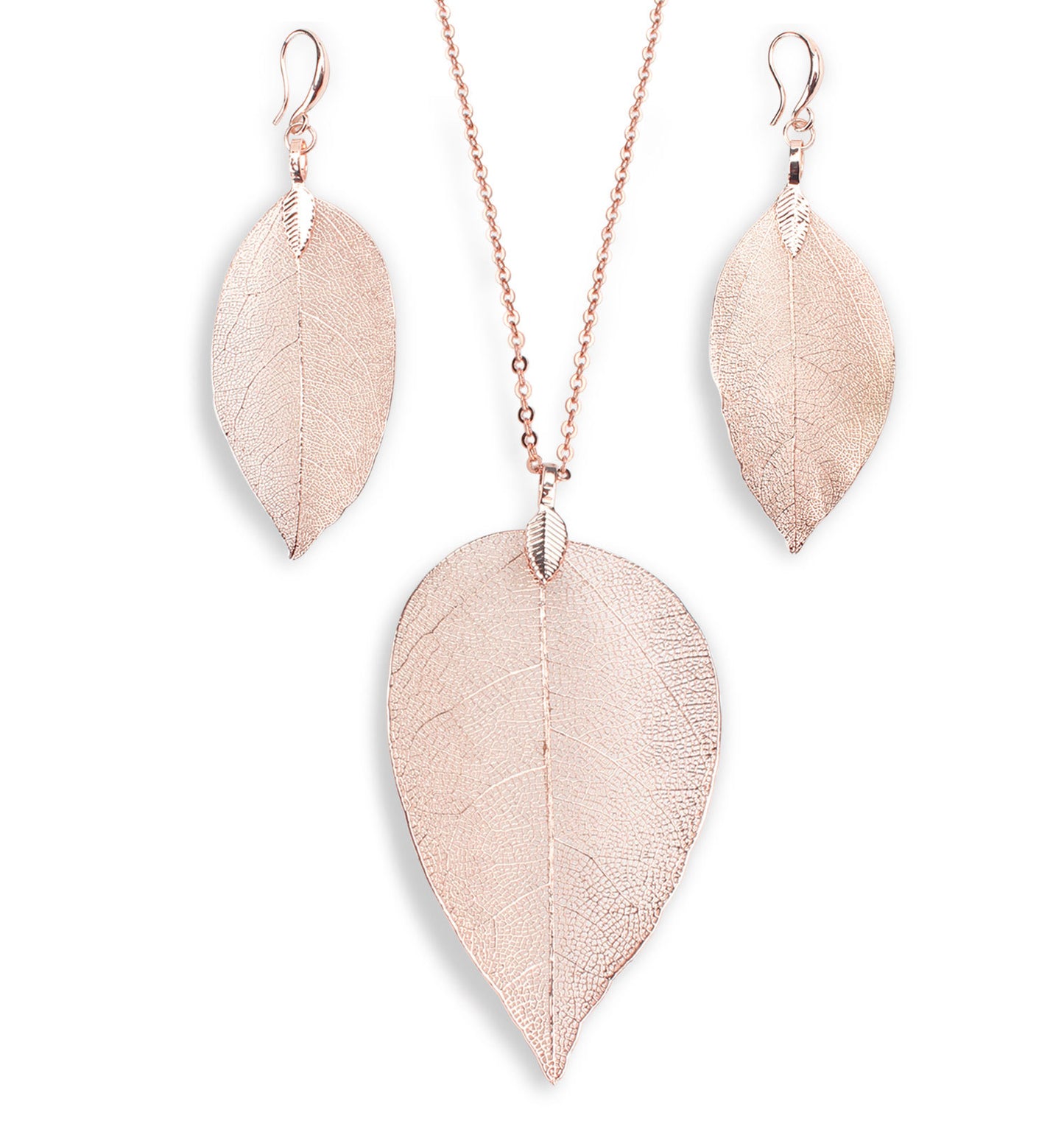 I - Real Leaf Rose Gold, Gold or Silver Plated Necklace Full Set Earrings Pendant gift