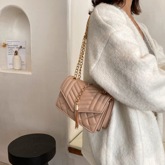 Vintage Striped Weave Pure Color Shoulder Bags Chain Crossbody Purse Sac Luxury Diamond Lattice Tassel Flap Handbags Women Bag