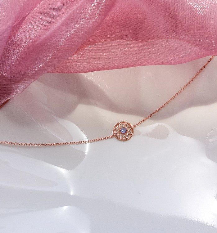 M - Rose Gold Circle Flower Blue Crystal Adjustable Bracelet 925 Sterling Silver