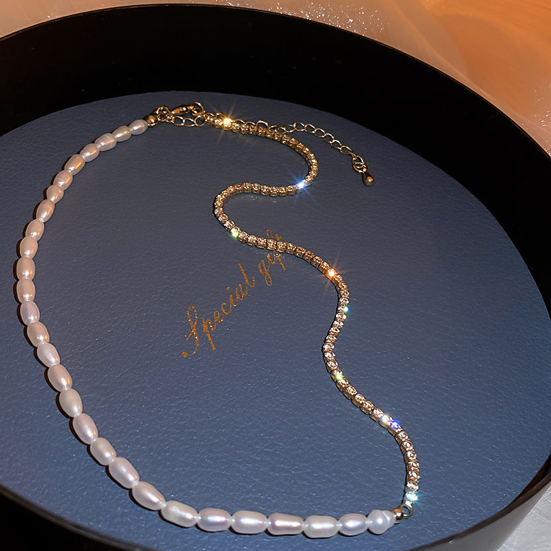L - Crystal Splicing Baroque Pearl Necklace Freshwater Genuine Pearls