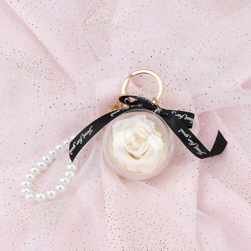 N - Real Preserved Rose Handmade Gift Glass Ball Pearl Hand Bag Charm Keychain Gifts