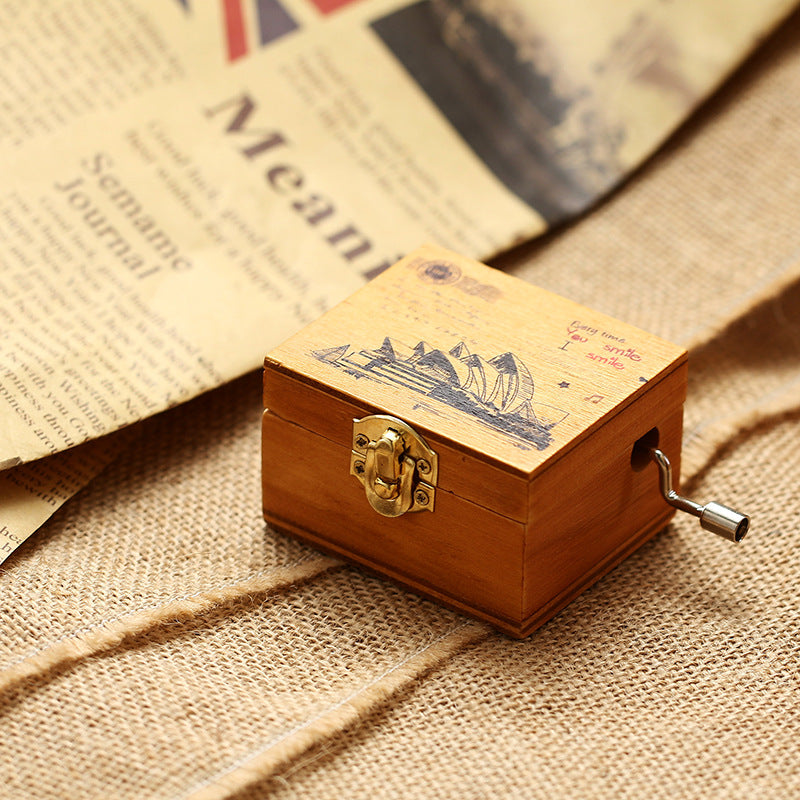 Wood Music Box Handwinde Fun Learning Frozen Eiffle Tower Black Castle Opera Butterfly Heart Lock