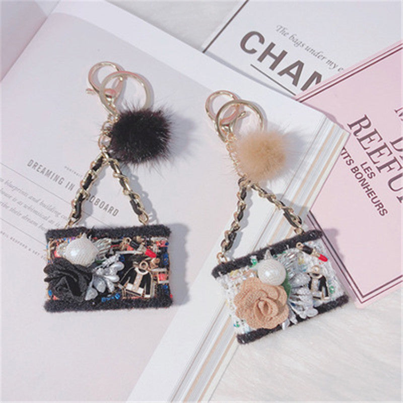 Creative Fur Tassel Ball Diamond Crystal Rhinestone Handbag Car Keychain Ladies Gift Pendant Keyring