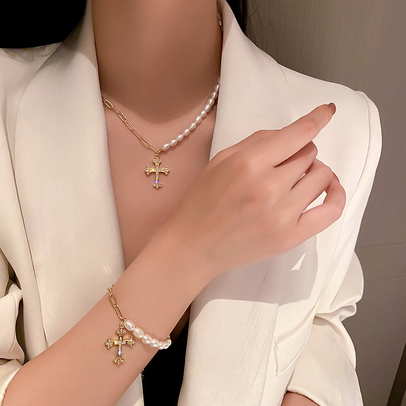 L - fashion trendy cross freshwater pearl womens necklace 2021