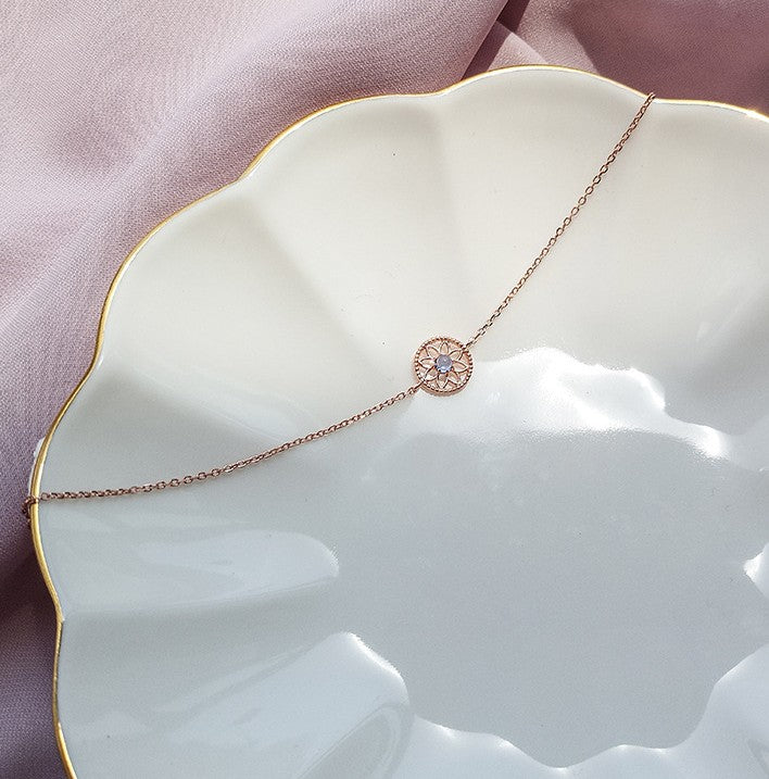 M - Rose Gold Circle Flower Blue Crystal Adjustable Bracelet 925 Sterling Silver