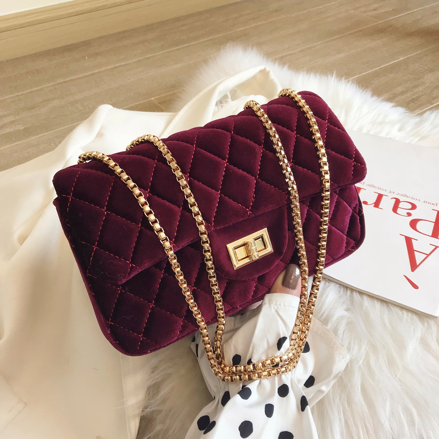 Diamond Lattice Small Square Bag Luxury Trendy Chain Crossbody Bags Soft Velvet Shoulder Handbags Women Bolsa de Hombro