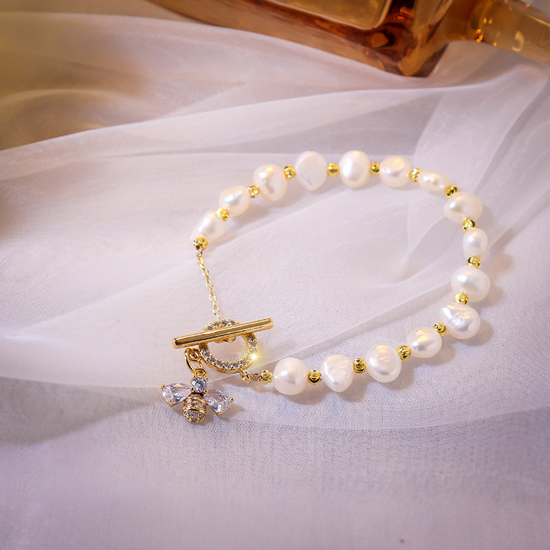 V - Bee Charm Real Fresh Water Pearl Diamond Crystal Cubic Zirconia Gold bead Bracelet Gift