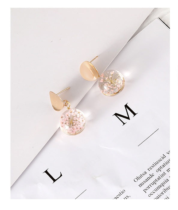 F - Pink Fireworks Real Flower Glass Pearl Gold Drop Earrings Fashion Jewellery Gift