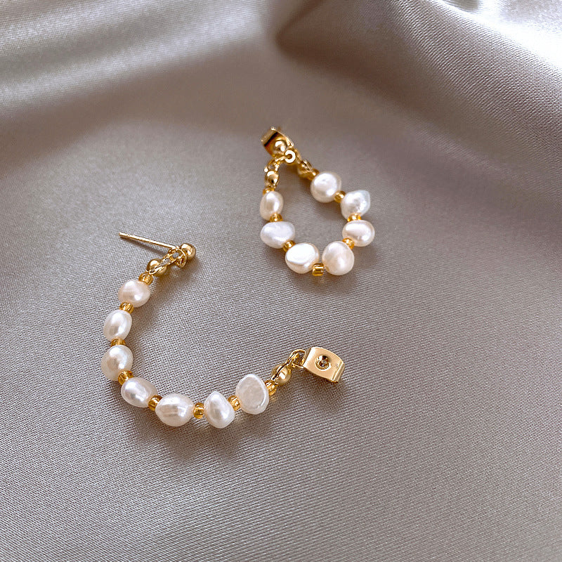 V - Real Pearl Hoop Earrings White Fresh Water Pearls Genuine Gift Gold Zinc Alloy