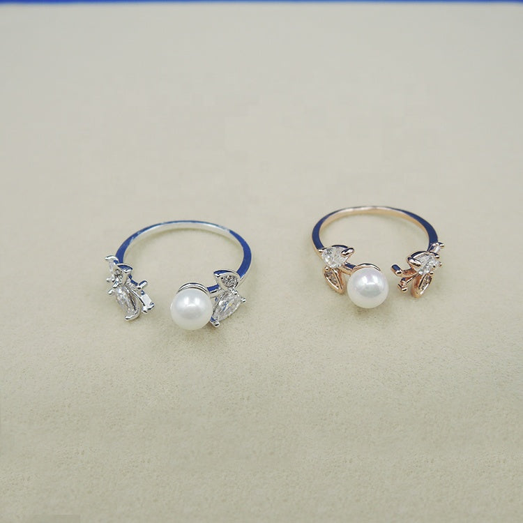 PL - Real Pearl Butterfly Rings Silver or Gold Ring with White Celeste 925 Fresh Water Pearls Collection gift box