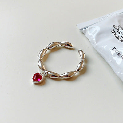 925 silver red heart charm ring