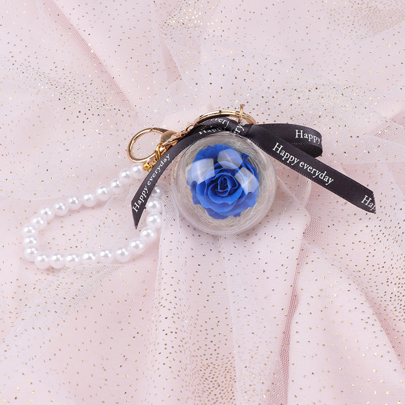 N - Real Preserved Rose Handmade Gift Glass Ball Pearl Hand Bag Charm Keychain Gifts