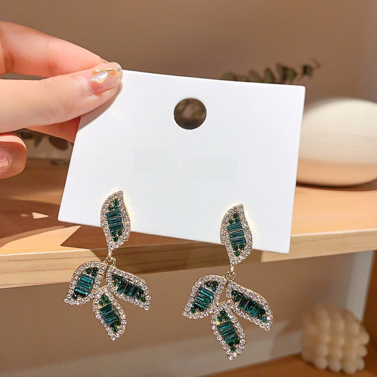 Green Leaf Crystal Beaded Earring Statement Modern Dangle Earrings Gift