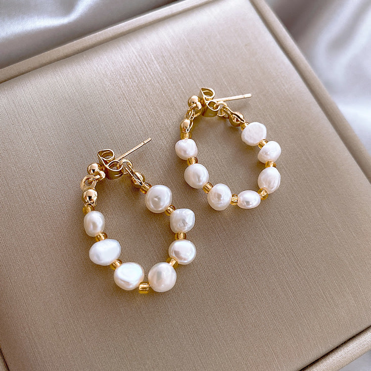 V - Real Pearl Hoop Earrings White Fresh Water Pearls Genuine Gift Gold Zinc Alloy