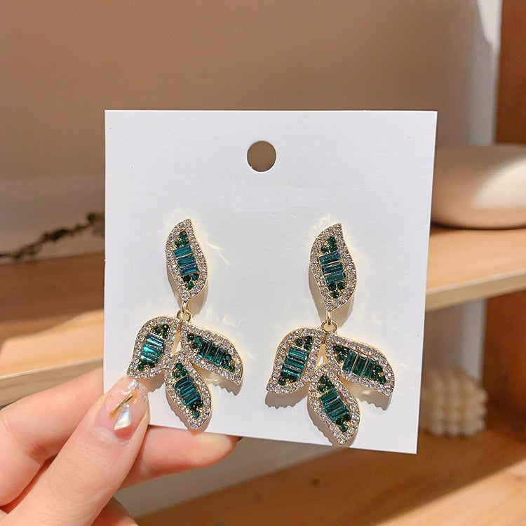 Green Leaf Crystal Beaded Earring Statement Modern Dangle Earrings Gift