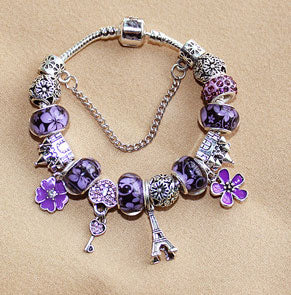W - Romantic Glass Beaded Enamel Flower Charm Bracelet Crystal Heart Lock Key Tower Pendant Bracelet