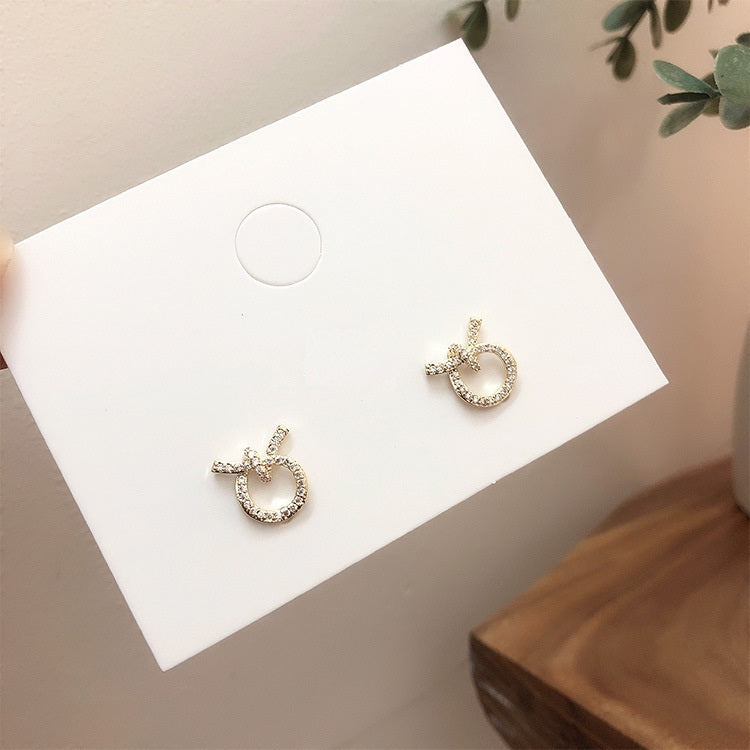 A - Circle Bow Knot 18K Gold plated Diamond Cubic Zirconia Crystal Earrings 925 Sterling Silver Dainty Earring