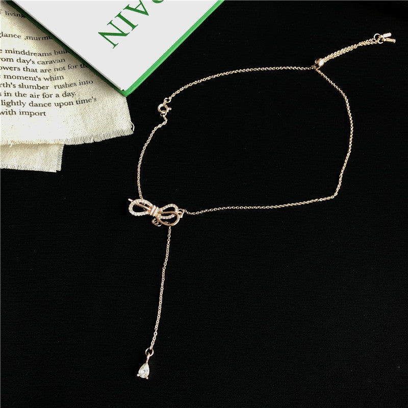 C - Rose Gold Crystal Butterfly Bow Tassel Chocker Alloy Necklace Pendant Birthday Wedding Gift
