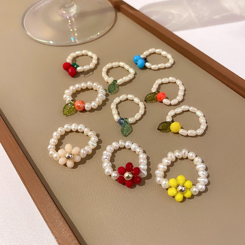 Crystal Pearl Flower Fruit Ring Women
