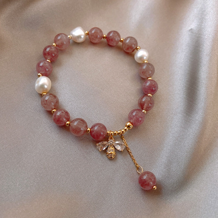 PL - Real Pearl Strawberry Pink Quartz Bee Charm Gold plated bead Bracelet Gift