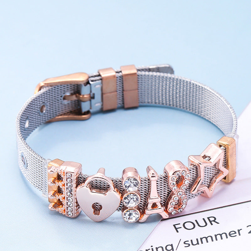 T - Braided Stainless Steel Bracelet Eiffel Tower Heart Star Rhinestone Crystal Charm Bracelet