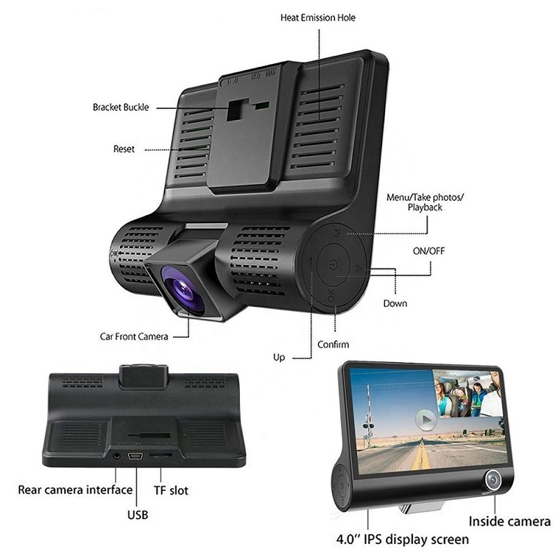 L - Dash Cam 4.0 Inch 3 Lens Car Black Box HD 1080P 170 Degree Wide Angle Car Camera DVR Video Recorder G-Sensor Dashcam