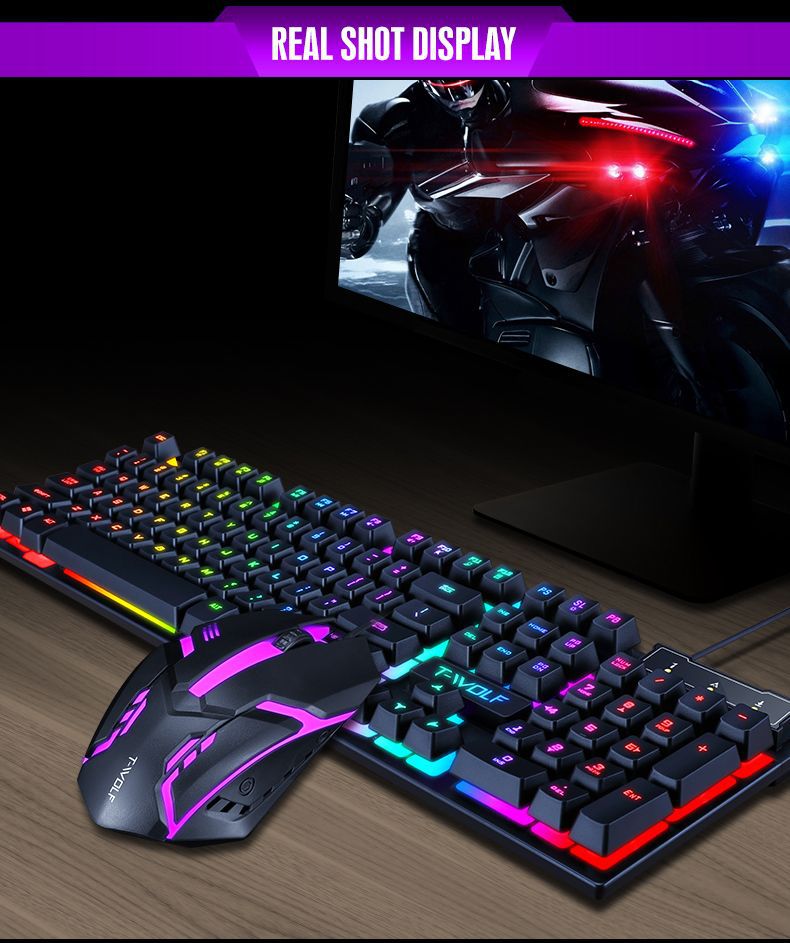 N - TF200 Rainbow Backlight Gaming Mechanical Keyboard and Mouse Set USB Wired 104 Keys LED For Windows PC