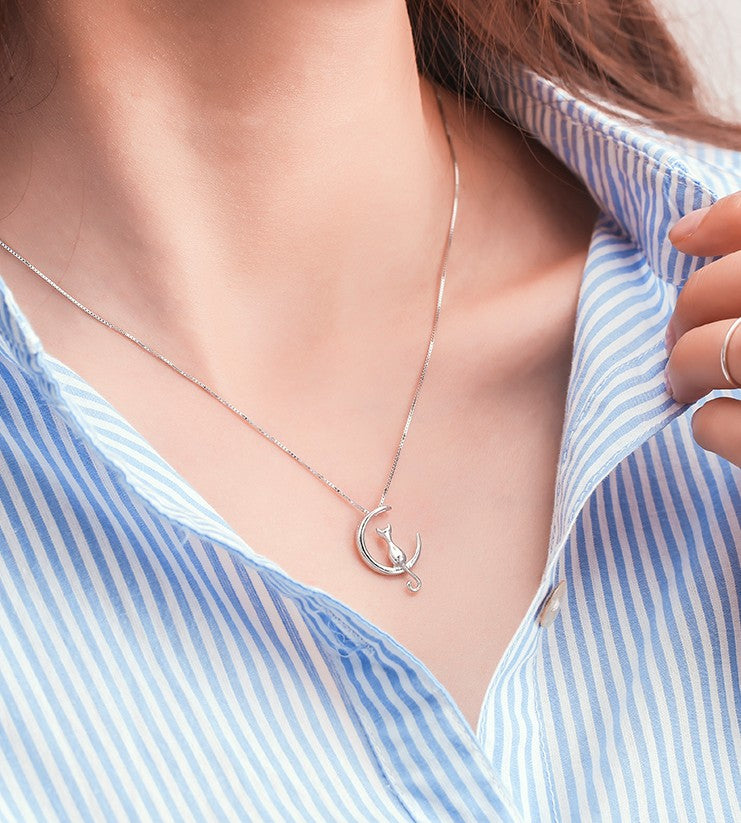 925 Silver Moon Cat Necklaces Pendants Choker Necklace for women girl Jewelry Colar de Plata