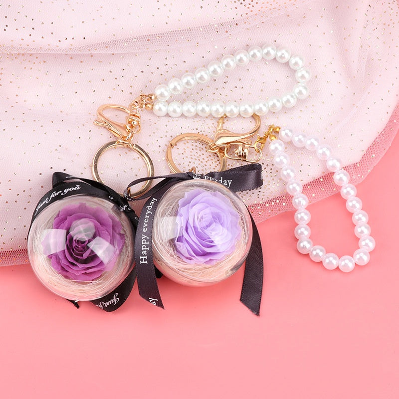 N - Real Preserved Rose Handmade Gift Glass Ball Pearl Hand Bag Charm Keychain Gifts