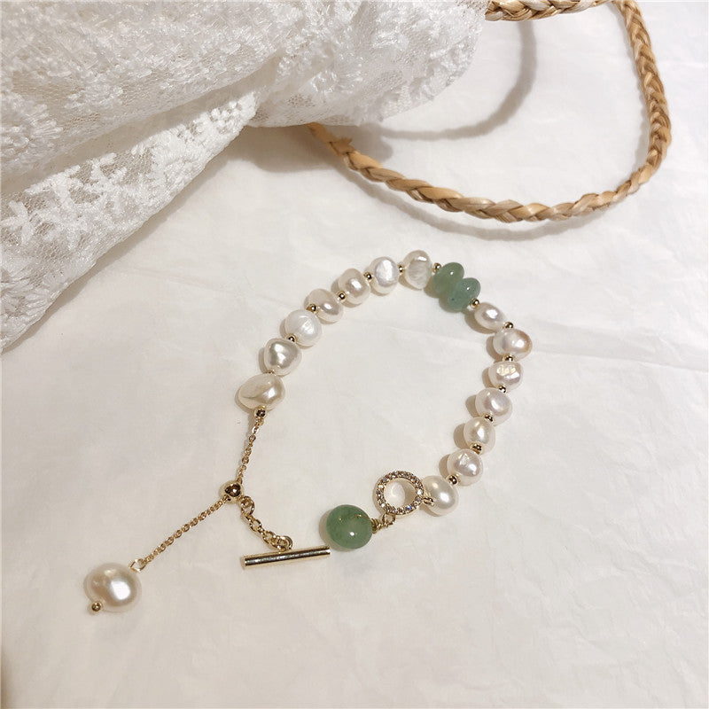 V - Real Jade & Fresh Water Pearl Crystal Charm Adjustable Bracelet Real Pearls White Baroque Gold Gift