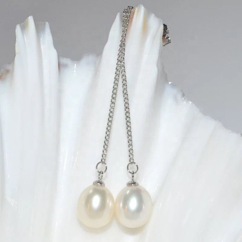 PL - Real Pearl Earrings Celeste White drop dangle Pearls Earring 925 Sterling Silver gift box 8-10mm