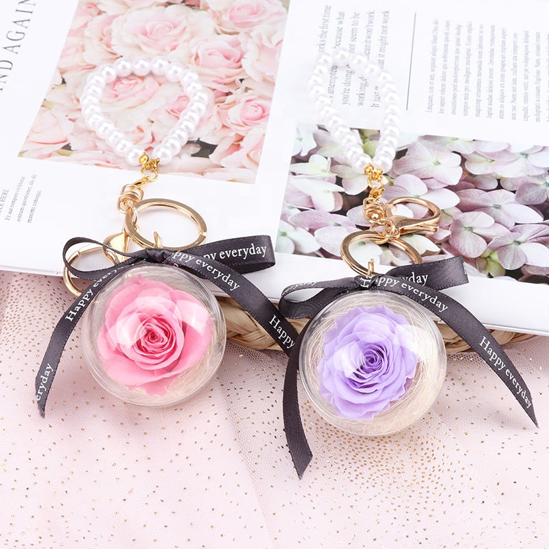 N - Real Preserved Rose Handmade Gift Glass Ball Pearl Hand Bag Charm Keychain Gifts