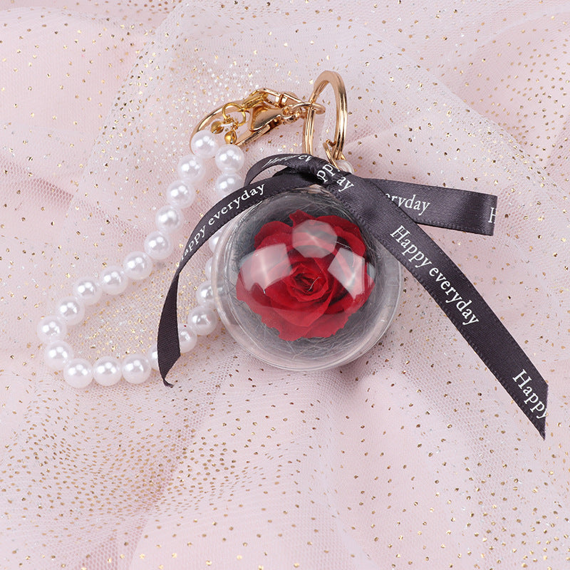 N - Real Preserved Rose Handmade Gift Glass Ball Pearl Hand Bag Charm Keychain Gifts