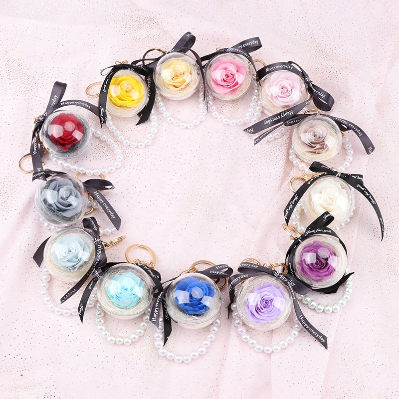 N - Real Preserved Rose Handmade Gift Glass Ball Pearl Hand Bag Charm Keychain Gifts