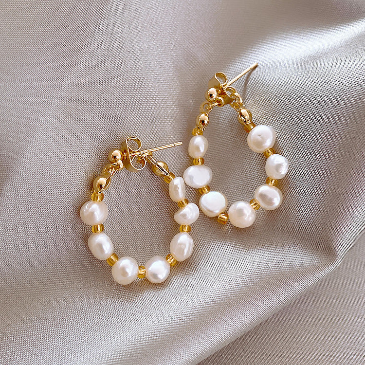V - Real Pearl Hoop Earrings White Fresh Water Pearls Genuine Gift Gold Zinc Alloy
