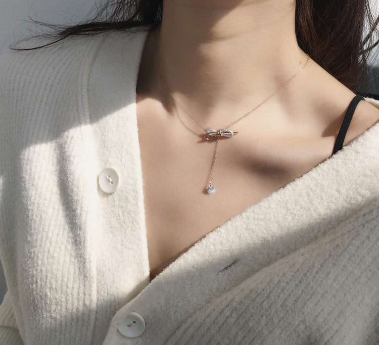 C - Rose Gold Crystal Butterfly Bow Tassel Chocker Alloy Necklace Pendant Birthday Wedding Gift
