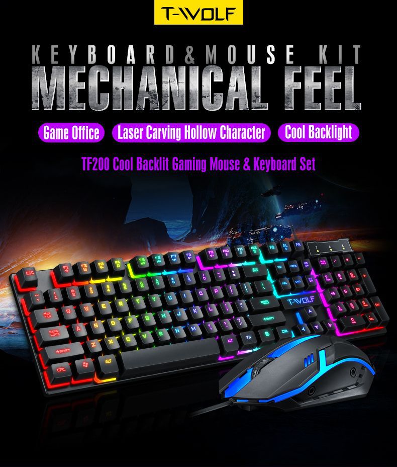 N - TF200 Rainbow Backlight Gaming Mechanical Keyboard and Mouse Set USB Wired 104 Keys LED For Windows PC