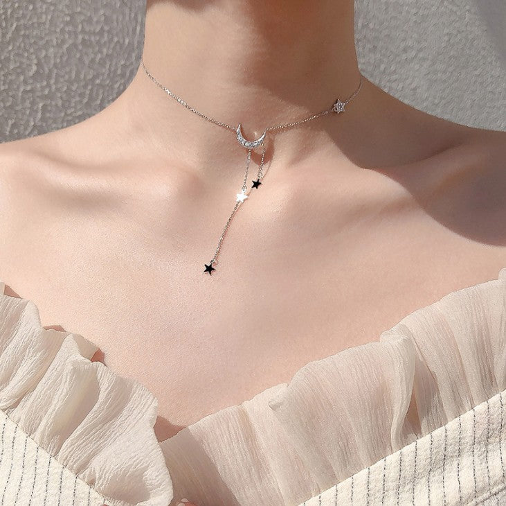 O - Stars & Moon Sterling 925 Silver Jewelry High Shine Crystal Choker chain necklace Gift