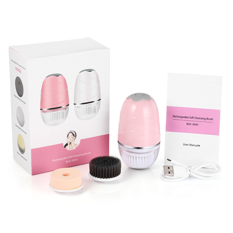 A - 3 in 1 Face Cleansing Rechargeable Rotating Brush Exfoliator Spin Facial Set Gold Pink Rose White