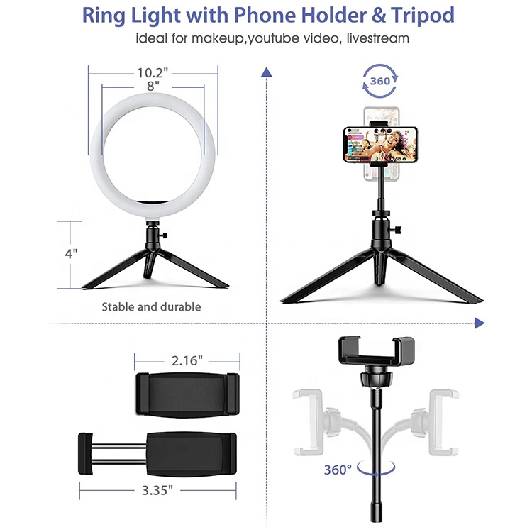 J - 10inch Ring Light LED Tripod Stand w/ Cell phone holder Portable home studio photography