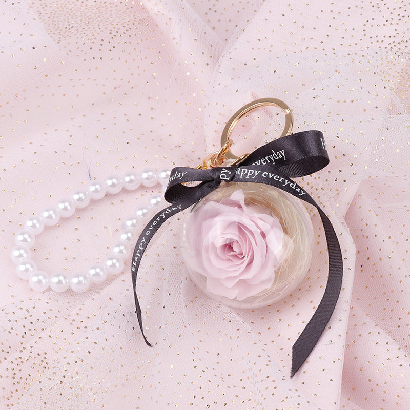 N - Real Preserved Rose Handmade Gift Glass Ball Pearl Hand Bag Charm Keychain Gifts