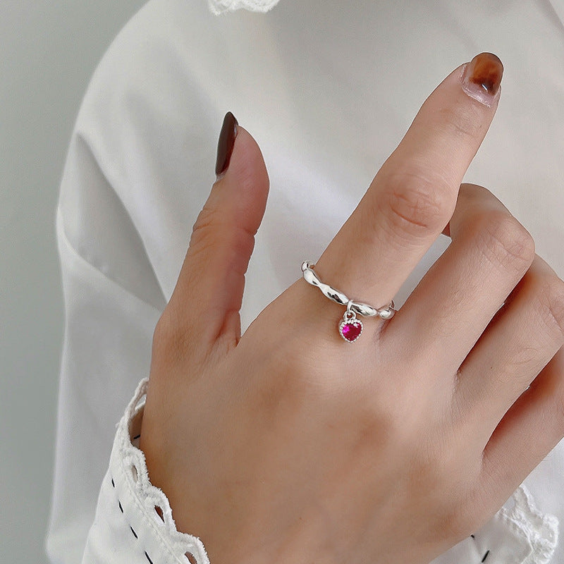 925 silver red heart charm ring