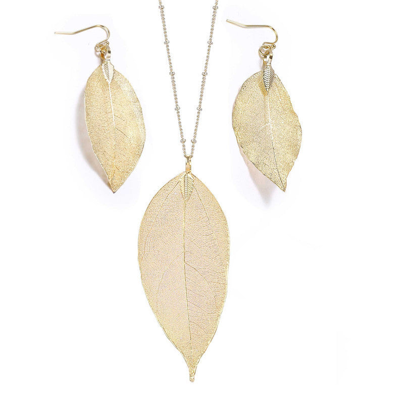 I - Real Leaf Rose Gold, Gold or Silver Plated Necklace Full Set Earrings Pendant gift